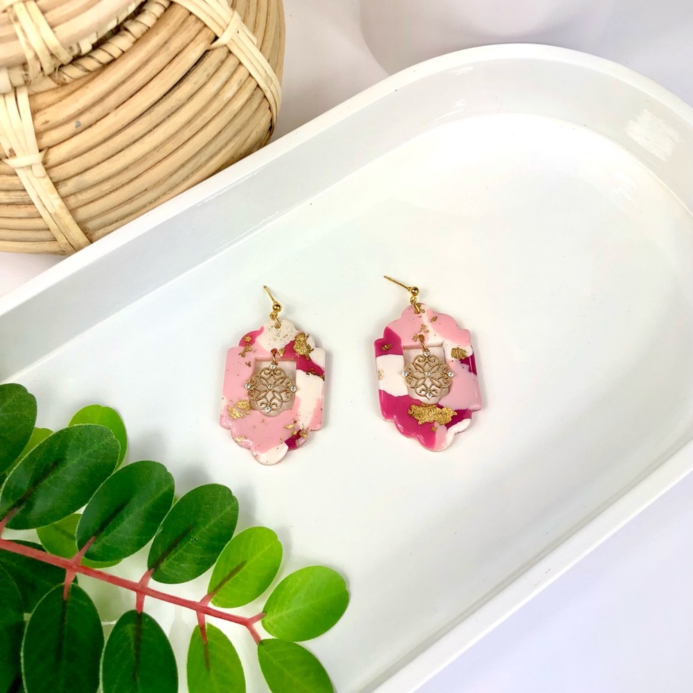 Pink and Gold Charm Dangle Earrings